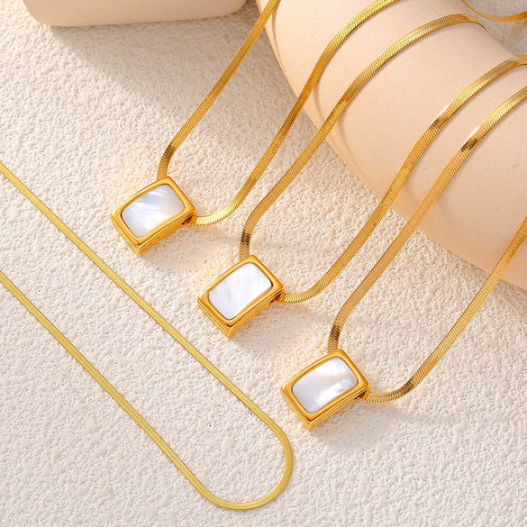 Wholesale Women's Geometric Square White Sea Shell Pendant Necklace In Titanium Steel With 18K Real Gold Plating