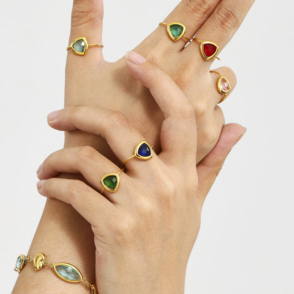 Wholesale Women's Geometric Stainless Steel And Glass Stone Inlaid Electroplated Ferris Wheel Triangular Open Ring