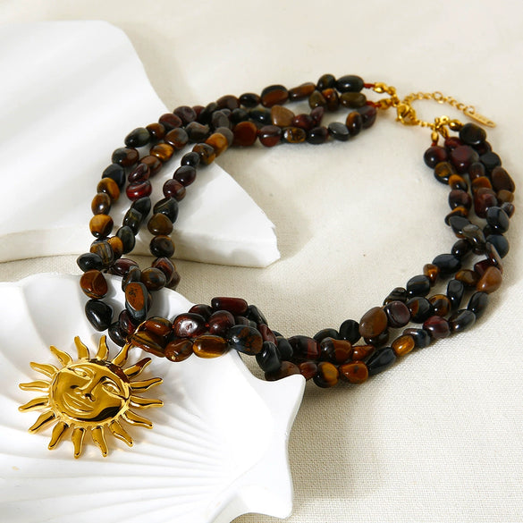 Wholesale Women's Geometric Stainless Steel And Natural Stone Goldplated Threelayer Necklace With Sun Pendant