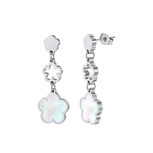 Wholesale Women's Geometric Stainless Steel And 925 Silver Electroplated Hollow Threesection Fiveleaf Flower Pendant Earrings With Original Design