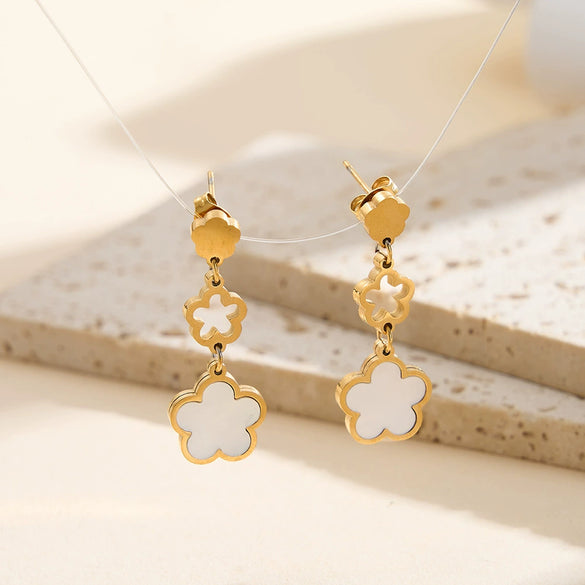 Wholesale Women's Geometric Stainless Steel And 925 Silver Electroplated Hollow Threesection Fiveleaf Flower Pendant Earrings With Original Design