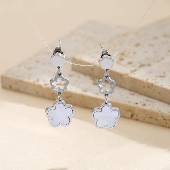 Wholesale Women's Geometric Stainless Steel And 925 Silver Electroplated Hollow Threesection Fiveleaf Flower Pendant Earrings With Original Design