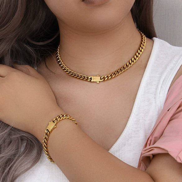 Wholesale Women's Geometric Stainless Steel And Titanium Steel Electroplated Cuban Chain Bracelet And Necklace Combination