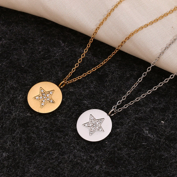 Wholesale Women's Geometric Stainless Steel And Titanium Steel Electroplated 18K Gold Round And Five Pointed Star Necklace Pendant