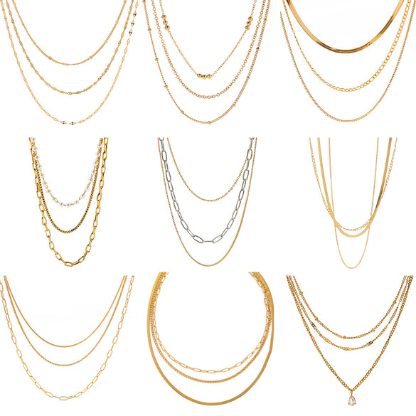 Wholesale Women's Geometric Stainless Steel And Titanium Steel Electroplated Threelayer Stacked Necklace