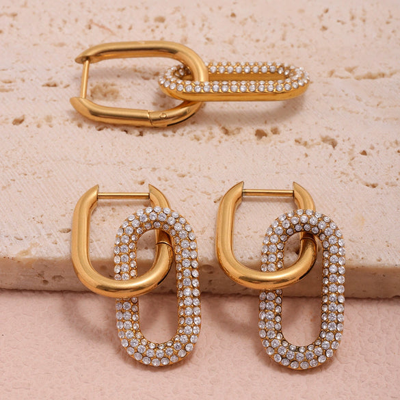 Wholesale Women's Geometric Stainless Steel And Zircon Ferris Wheel Oval Detachable Real Goldplated Earrings With Microencrusted Zircon
