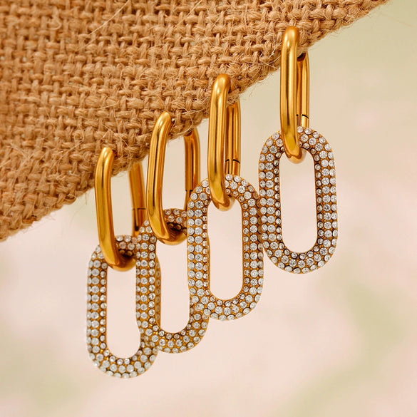 Wholesale Women's Geometric Stainless Steel And Zircon Ferris Wheel Oval Detachable Real Goldplated Earrings With Microencrusted Zircon