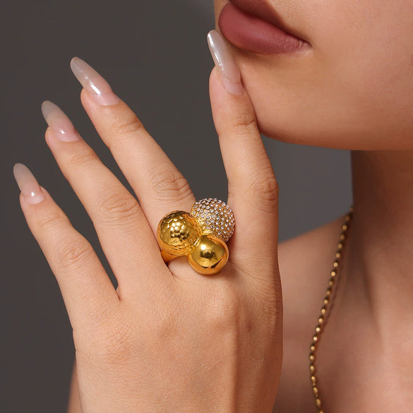 Wholesale Women's Geometric Stainless Steel And Zircon Ring With 18K Gold Plating