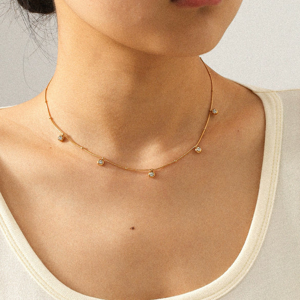 Wholesale Women's Geometric Stainless Steel Bead Chain Zircon Necklace