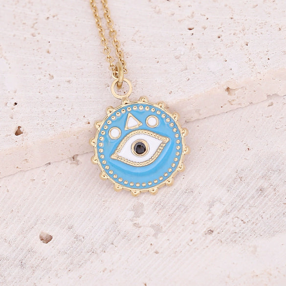 Wholesale Women's Geometric Stainless Steel Cross Necklace With Eye Pattern And Zircon Design