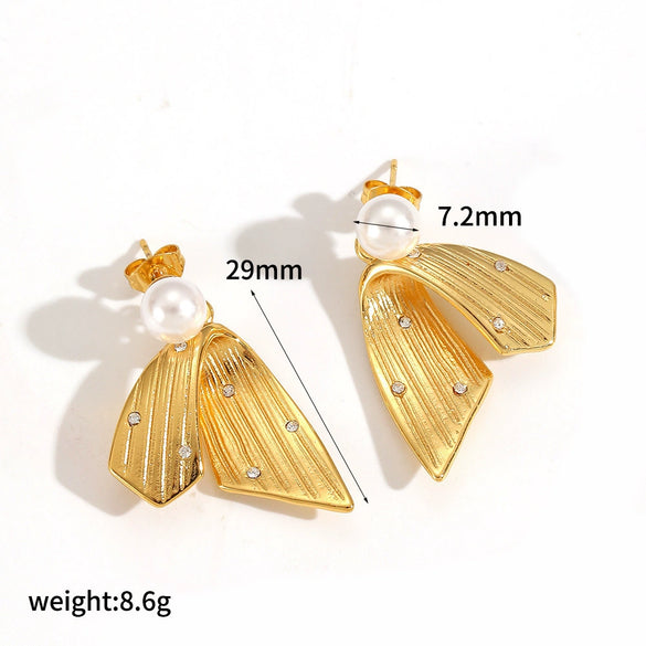 Wholesale Women's Geometric Stainless Steel Earrings With Wing Texture Pvd Furnace Vacuum Real Gold Plating