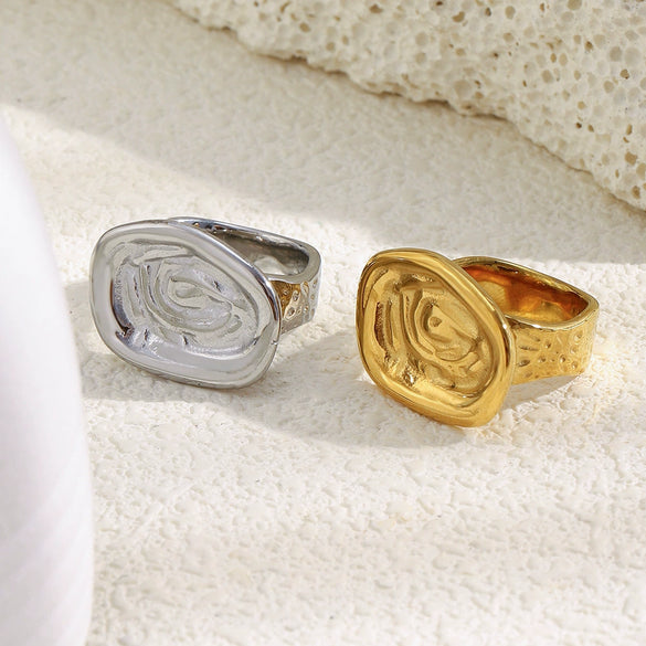 Wholesale Women's Geometric Stainless Steel Electroplated Asymmetrical Surface Texture Ring Light Luxury Style Hand Jewelry