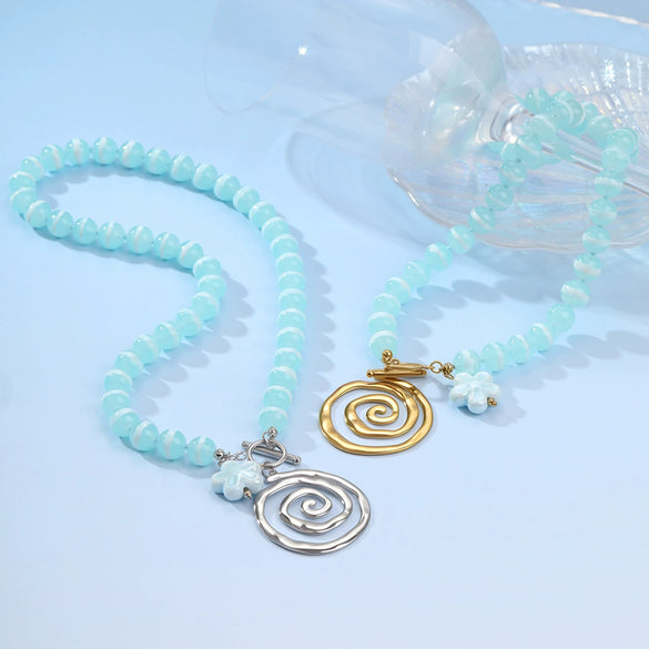 Wholesale Women's Geometric Stainless Steel Electroplated Beaded Spiral Necklace