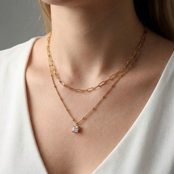 Wholesale Women's Geometric Stainless Steel Electroplated Cross Chain Square Stone Necklace
