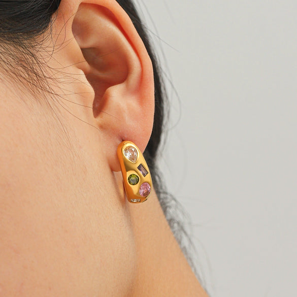 Wholesale Women's Geometric Stainless Steel Electroplated Cshaped Earrings With Colorful Zircon Inlays