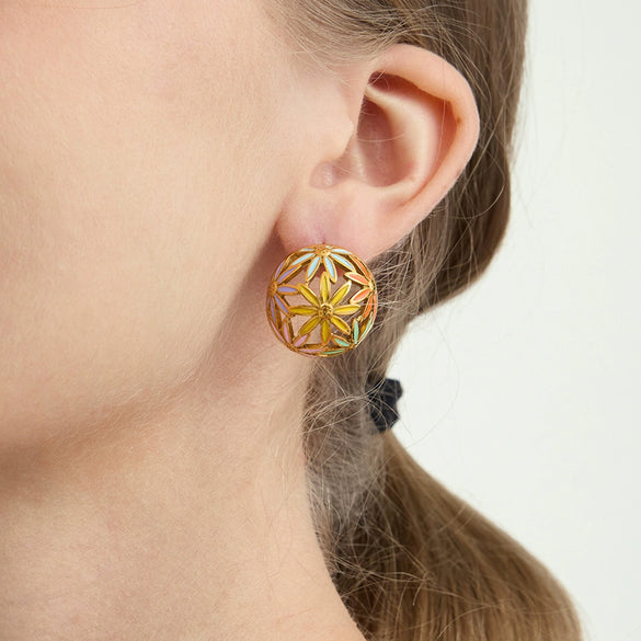 Wholesale Women's Geometric Stainless Steel Electroplated Cut Out Ball And Flower Earrings Niche Design