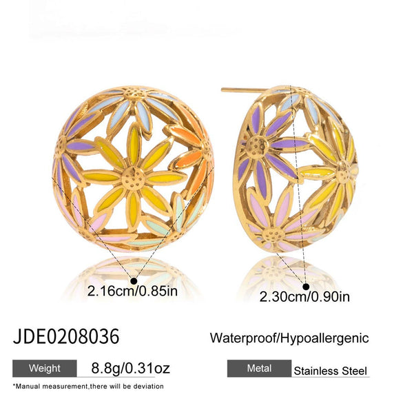 Wholesale Women's Geometric Stainless Steel Electroplated Cut Out Ball And Flower Earrings Niche Design