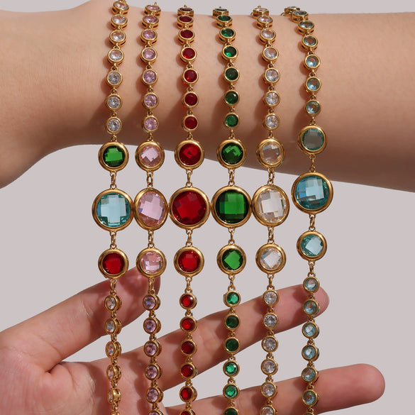 Wholesale Women's Geometric Stainless Steel Electroplated Ferris Wheel Round Faceted Czech Glass Stone 5A Zircon Full Diamond Stitching Bracelet