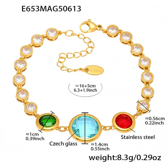 Wholesale Women's Geometric Stainless Steel Electroplated Ferris Wheel Round Faceted Czech Glass Stone 5A Zircon Full Diamond Stitching Bracelet