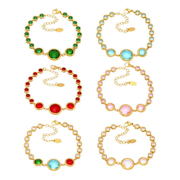 Wholesale Women's Geometric Stainless Steel Electroplated Ferris Wheel Round Faceted Czech Glass Stone 5A Zircon Full Diamond Stitching Bracelet