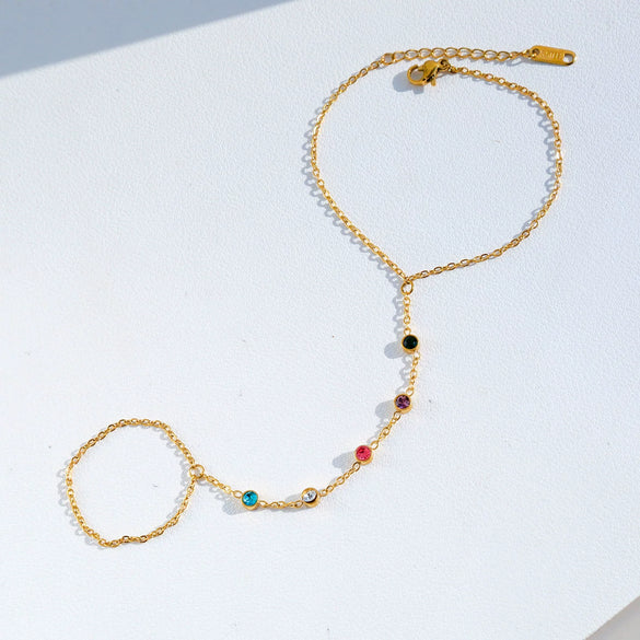 Wholesale Women's Geometric Stainless Steel Electroplated Fingerlink Bracelet And Gold Bead Ring Chain Hand Jewelry