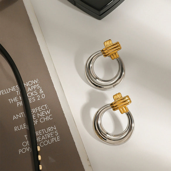 Wholesale Women's Geometric Stainless Steel Electroplated Gold And Silver Color Matching Cross Earrings