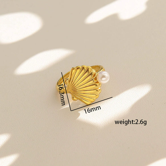 Wholesale Women's Geometric Stainless Steel Electroplated Inlaid Pearl Rings