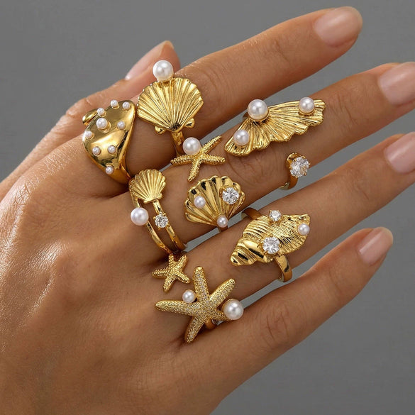 Wholesale Women's Geometric Stainless Steel Electroplated Inlaid Pearl Rings