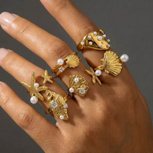Wholesale Women's Geometric Stainless Steel Electroplated Inlaid Pearl Rings