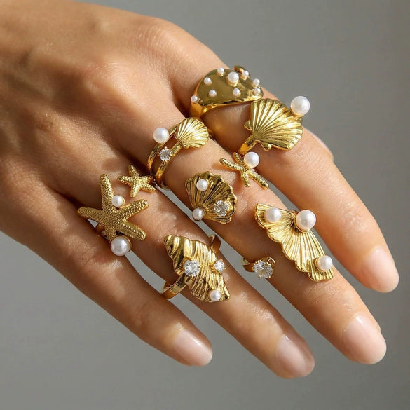Wholesale Women's Geometric Stainless Steel Electroplated Inlaid Pearl Rings