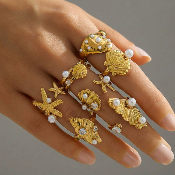 Wholesale Women's Geometric Stainless Steel Electroplated Inlaid Pearl Rings