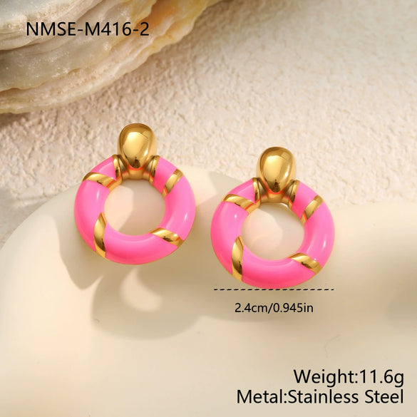 Wholesale Women's Geometric Stainless Steel Electroplated Oildrip Colorblocking Hoop Earrings