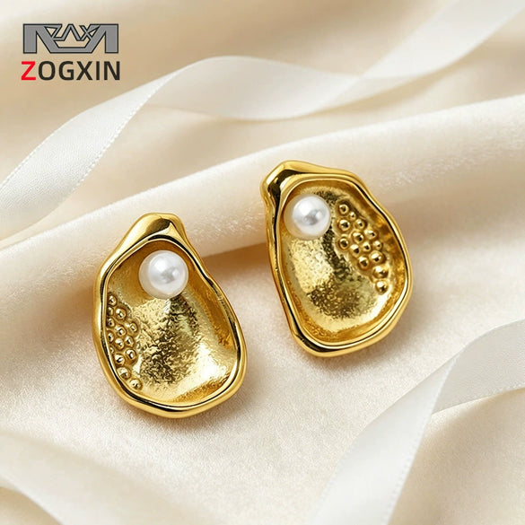 Wholesale Women's Geometric Stainless Steel Electroplated Pearl Stud Earrings With Unique Texture