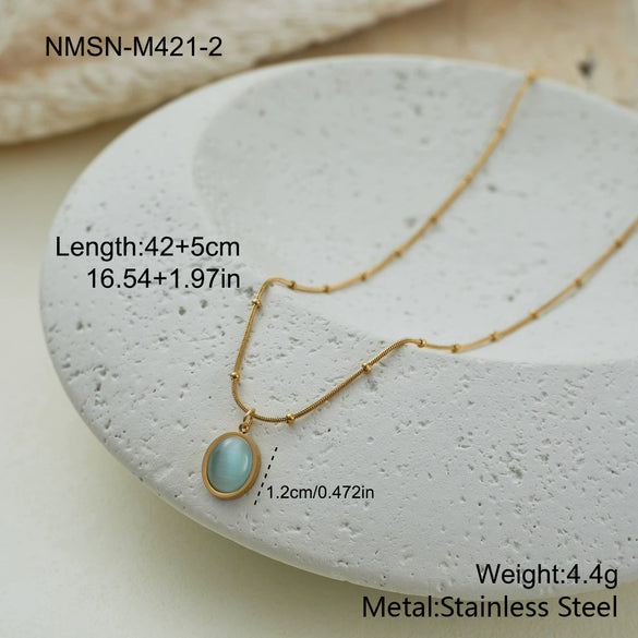 Wholesale Women's Geometric Stainless Steel Electroplated Water Drop Cat's Eye Stone Pendant Necklace