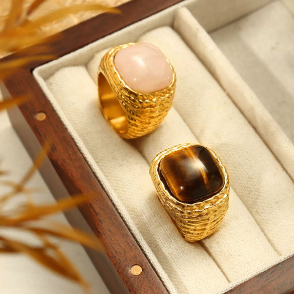 Wholesale Women's Geometric Stainless Steel Ferris Wheel Maillard Tiger Eye Stone Ring With 18K Real Gold Electroplating Medieval Precision Jewelry