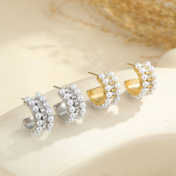 Wholesale Women's Geometric Stainless Steel 18K Electroplated Cshaped Pearlencrusted Earrings Retro Jewelry