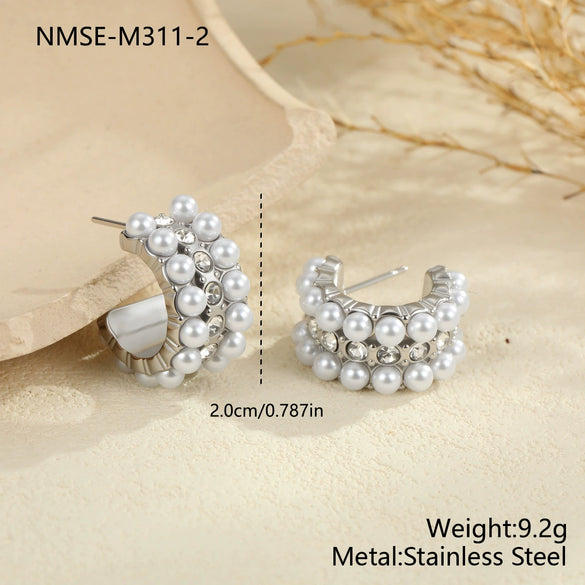 Wholesale Women's Geometric Stainless Steel 18K Electroplated Cshaped Pearlencrusted Earrings Retro Jewelry