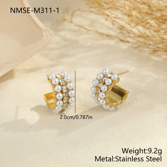 Wholesale Women's Geometric Stainless Steel 18K Electroplated Cshaped Pearlencrusted Earrings Retro Jewelry