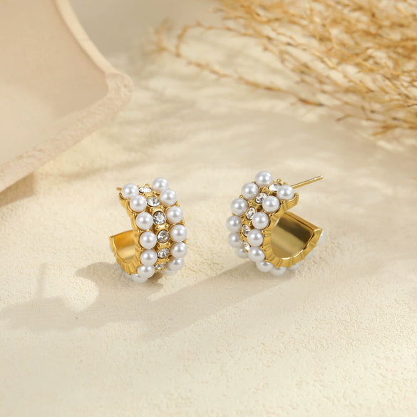 Wholesale Women's Geometric Stainless Steel 18K Electroplated Cshaped Pearlencrusted Earrings Retro Jewelry