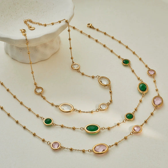 Wholesale Women's Geometric Stainless Steel 18K Electroplated Gemstoneedged Bead Chain Clavicle Chain Jewelry