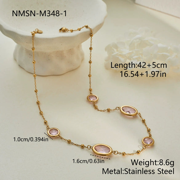 Wholesale Women's Geometric Stainless Steel 18K Electroplated Gemstoneedged Bead Chain Clavicle Chain Jewelry
