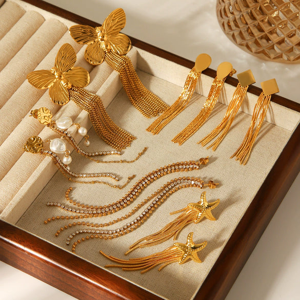 Wholesale Women's Geometric Stainless Steel 18K Gold Electroplated Tassel Long Earrings Jewelry