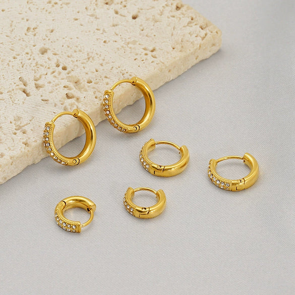 Wholesale Women's Geometric Stainless Steel 18K Gold Plain Hoop Earrings With Diamonds And Electroplating