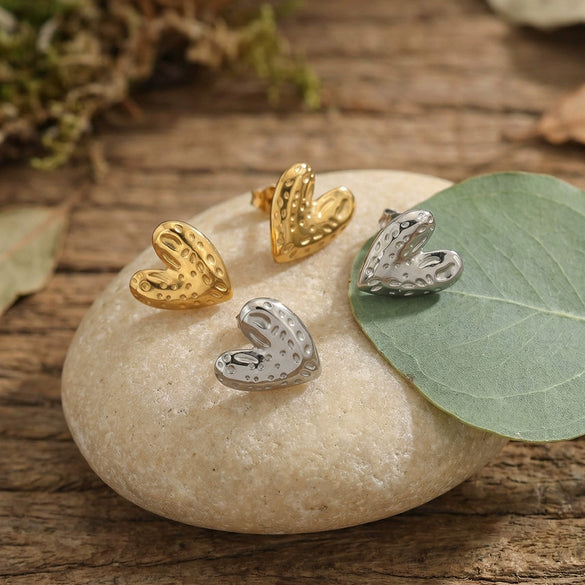 Wholesale Women's Geometric Stainless Steel 18K Gold Plated Hammered Heart Earrings