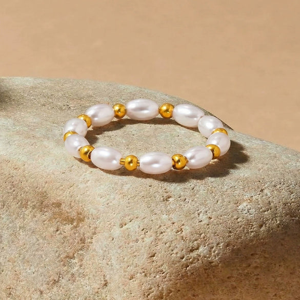 Wholesale Women's Geometric Stainless Steel 18K Gold Plated Handmade Beaded Ring Fashion Accessory