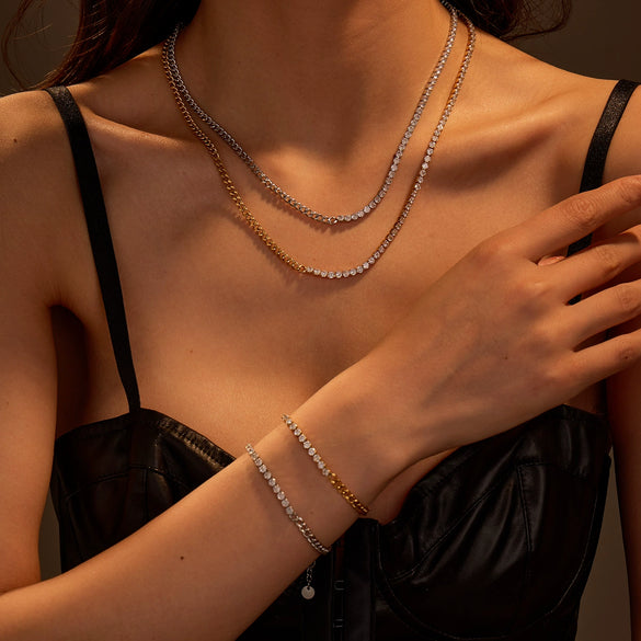 Wholesale Women's Geometric Stainless Steel 18K Gold Plated Inlaid Zircon Necklace And Clavicle Chain