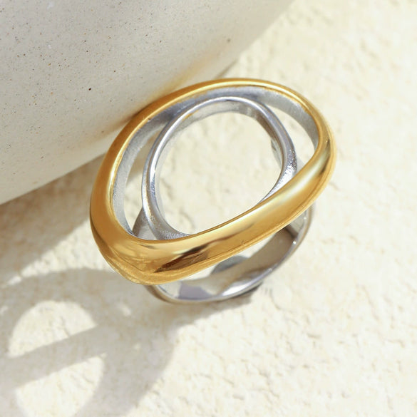 Wholesale Women's Geometric Stainless Steel 18K Gold Plated Oval Double Ring Hand Jewelry Light Luxury Style