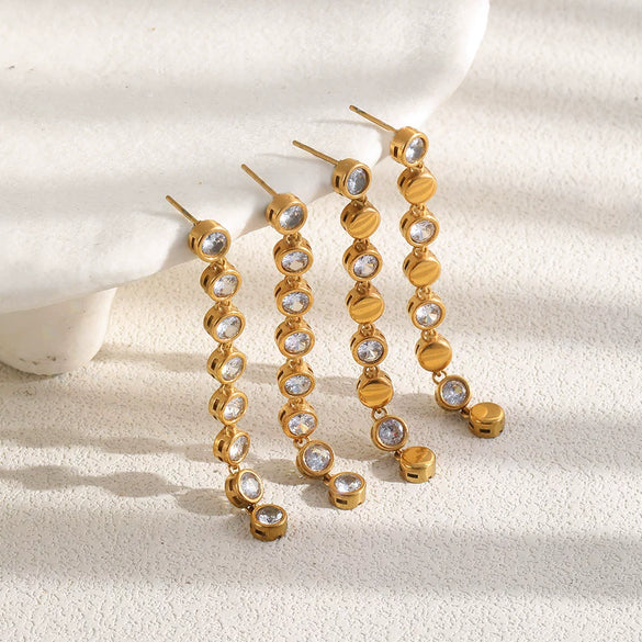 Wholesale Women's Geometric Stainless Steel 18K Gold Plated Rhinestone And Tassel Long Earrings