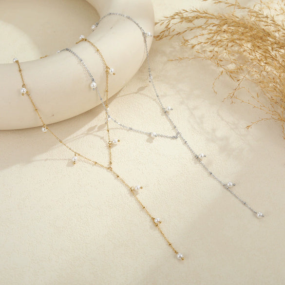 Wholesale Women's Geometric Stainless Steel 18K Gold Plated Yshaped Chain Necklace With Imitation Pearl