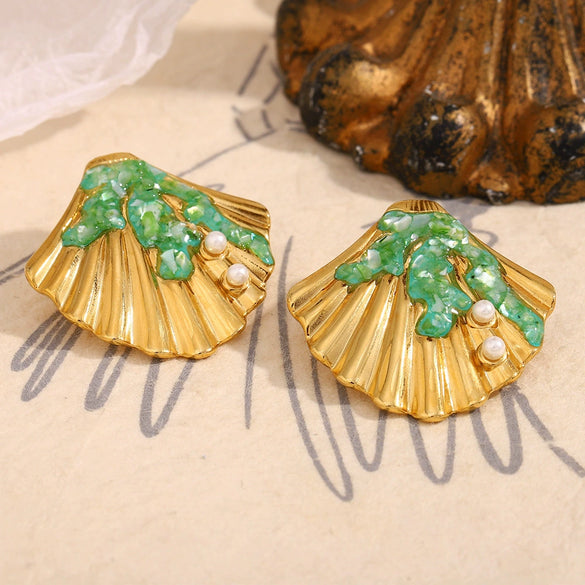 Wholesale Women's Geometric Stainless Steel 18K Goldplated Green Enamel Shell Stud Earrings With Pvd Furnace Vacuum Real Gold Plating